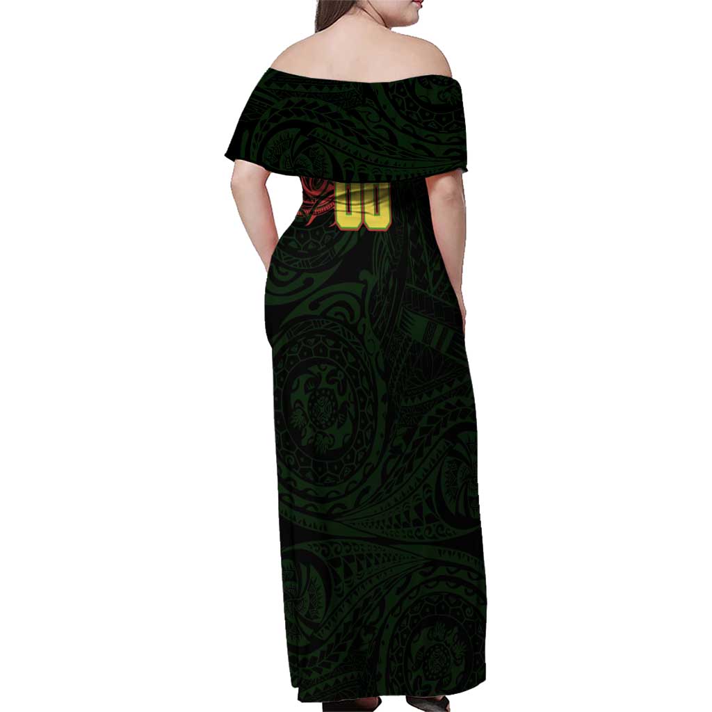 Personalized Penrith Panthers Family Matching Off Shoulder Maxi Dress and Hawaiian Shirt Polynesian Tribal Chest and Sleeve Tattoo