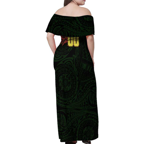 Personalized Penrith Panthers Family Matching Off Shoulder Maxi Dress and Hawaiian Shirt Polynesian Tribal Chest and Sleeve Tattoo