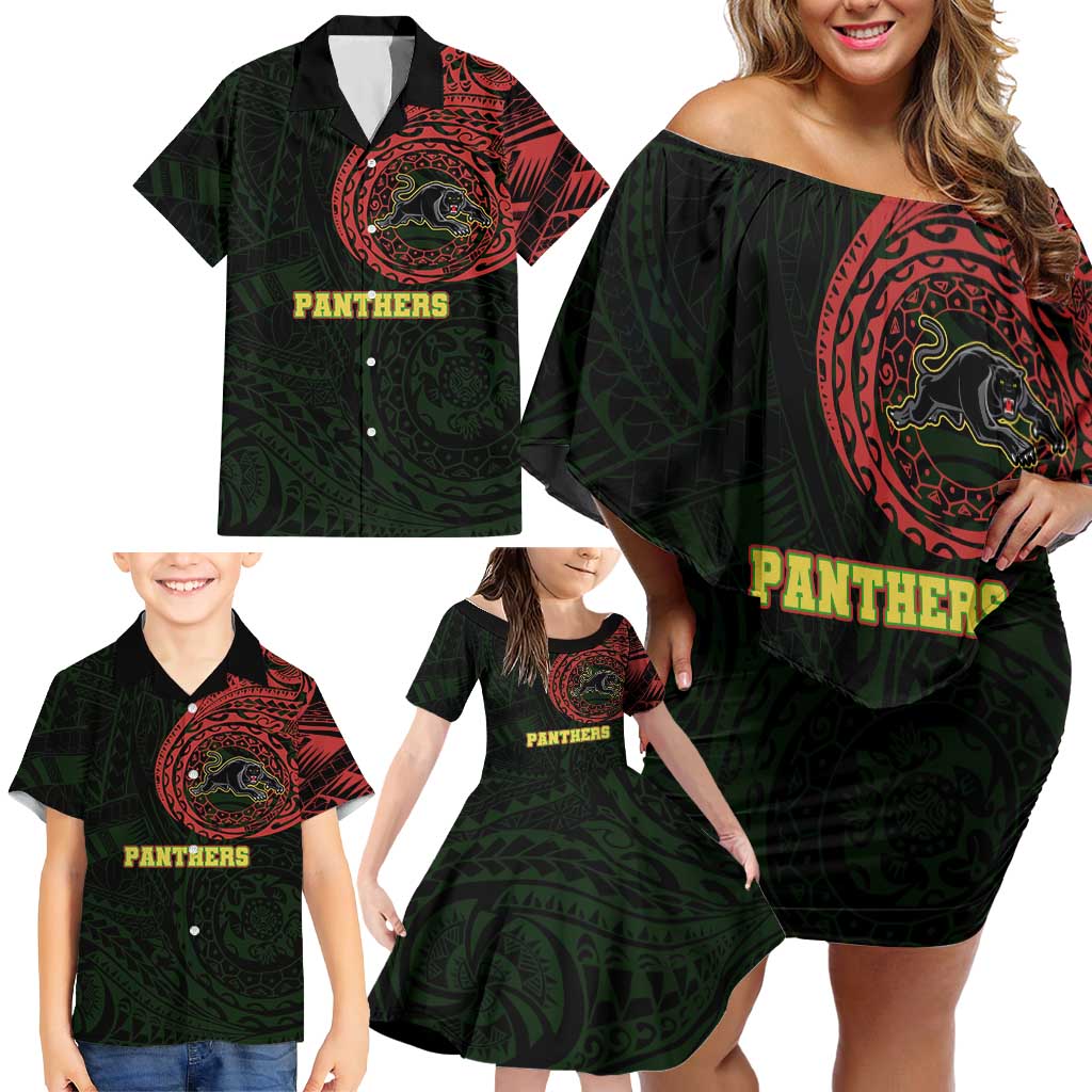 Personalized Penrith Panthers Family Matching Off Shoulder Short Dress and Hawaiian Shirt Polynesian Tribal Chest and Sleeve Tattoo