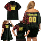 Personalized Penrith Panthers Family Matching Off Shoulder Short Dress and Hawaiian Shirt Polynesian Tribal Chest and Sleeve Tattoo