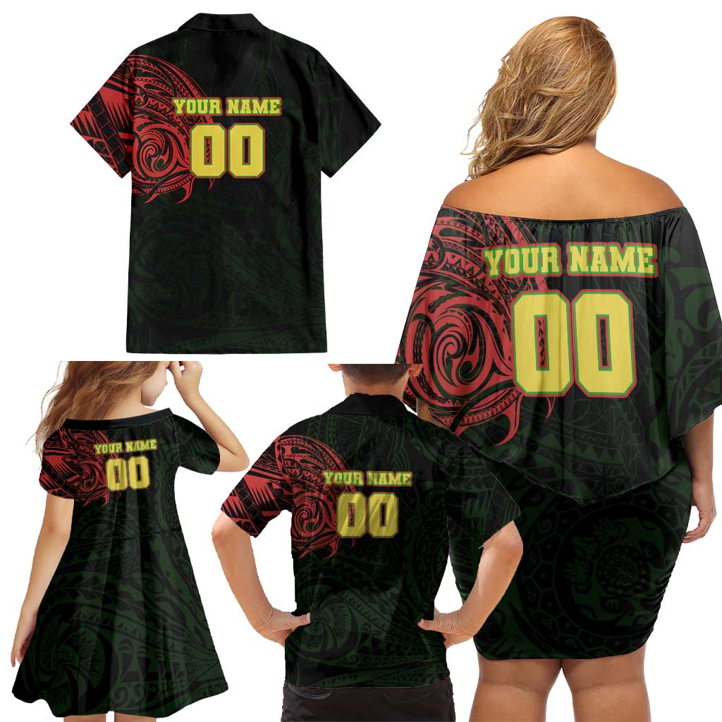 Personalized Penrith Panthers Family Matching Off Shoulder Short Dress and Hawaiian Shirt Polynesian Tribal Chest and Sleeve Tattoo