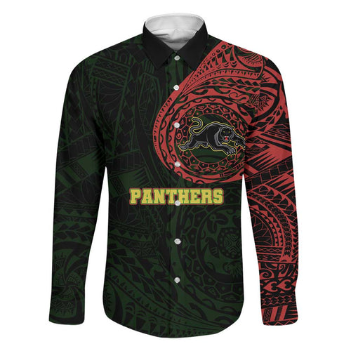 Personalized Penrith Panthers Family Matching Off Shoulder Short Dress and Hawaiian Shirt Polynesian Tribal Chest and Sleeve Tattoo