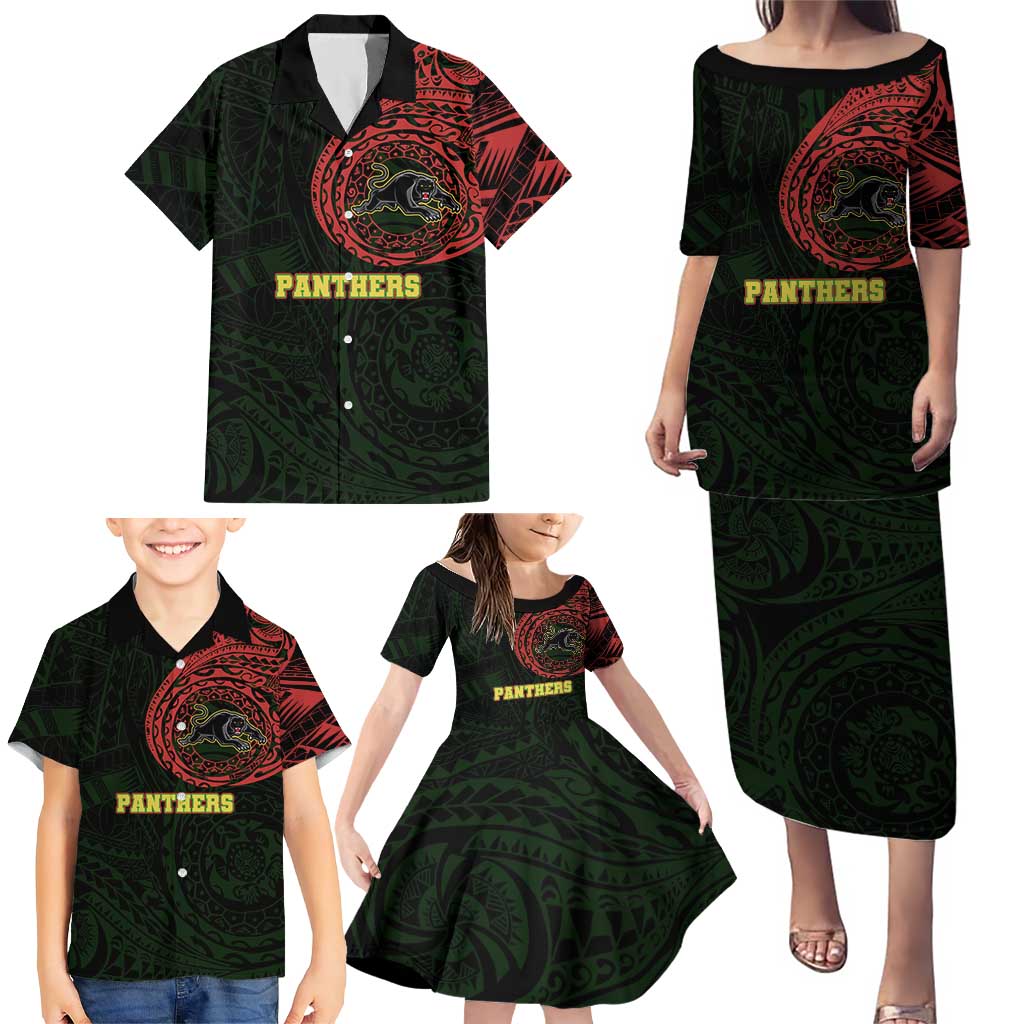 Personalized Penrith Panthers Family Matching Puletasi and Hawaiian Shirt Polynesian Tribal Chest and Sleeve Tattoo