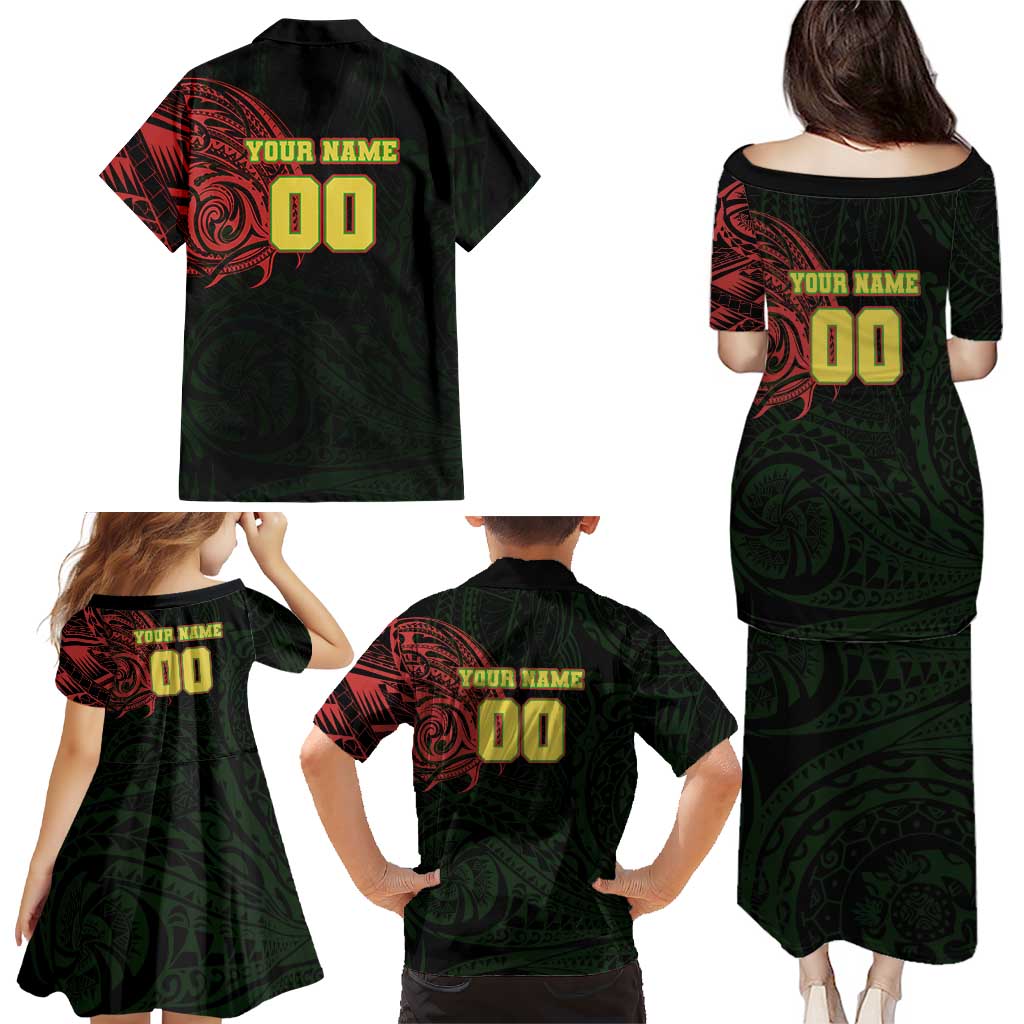 Personalized Penrith Panthers Family Matching Puletasi and Hawaiian Shirt Polynesian Tribal Chest and Sleeve Tattoo