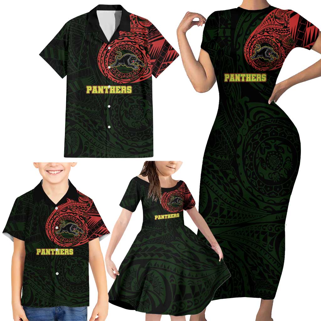 Personalized Penrith Panthers Family Matching Short Sleeve Bodycon Dress and Hawaiian Shirt Polynesian Tribal Chest and Sleeve Tattoo