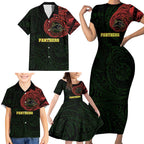 Personalized Penrith Panthers Family Matching Short Sleeve Bodycon Dress and Hawaiian Shirt Polynesian Tribal Chest and Sleeve Tattoo