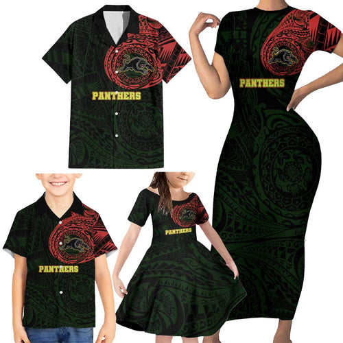 Personalized Penrith Panthers Family Matching Short Sleeve Bodycon Dress and Hawaiian Shirt Polynesian Tribal Chest and Sleeve Tattoo