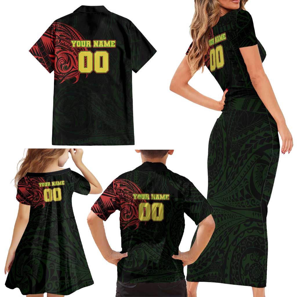Personalized Penrith Panthers Family Matching Short Sleeve Bodycon Dress and Hawaiian Shirt Polynesian Tribal Chest and Sleeve Tattoo