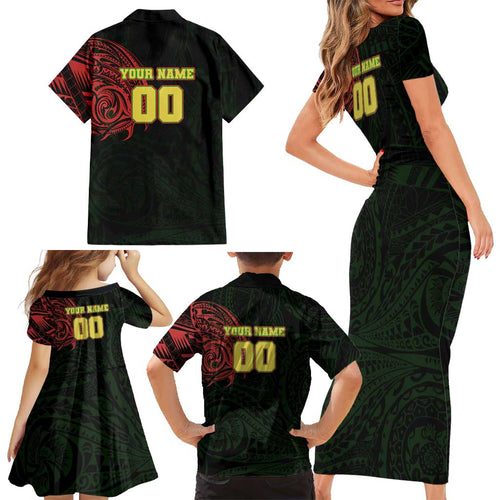 Personalized Penrith Panthers Family Matching Short Sleeve Bodycon Dress and Hawaiian Shirt Polynesian Tribal Chest and Sleeve Tattoo