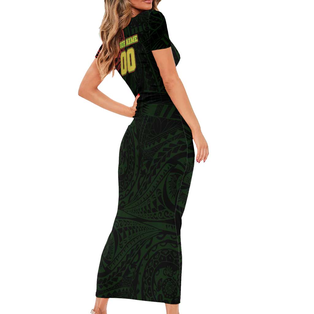 Personalized Penrith Panthers Family Matching Short Sleeve Bodycon Dress and Hawaiian Shirt Polynesian Tribal Chest and Sleeve Tattoo