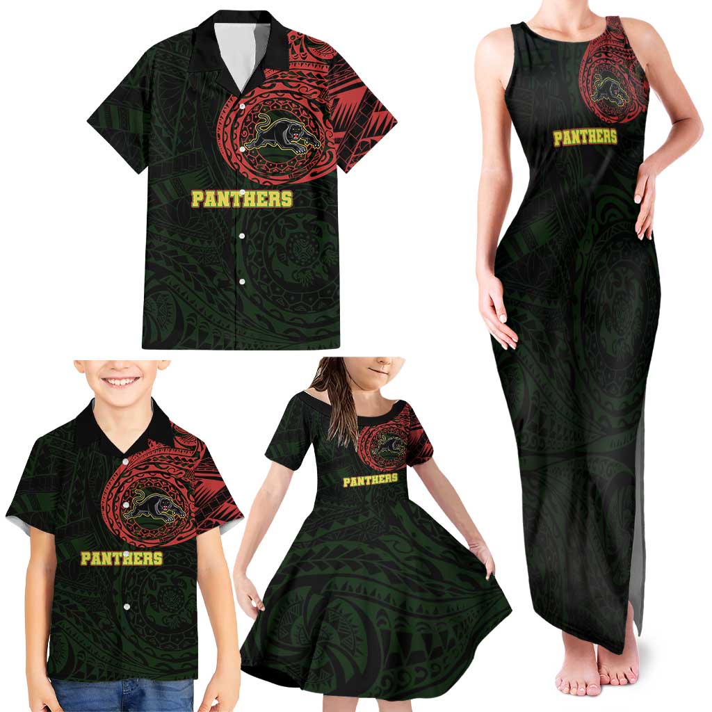 Personalized Penrith Panthers Family Matching Tank Maxi Dress and Hawaiian Shirt Polynesian Tribal Chest and Sleeve Tattoo