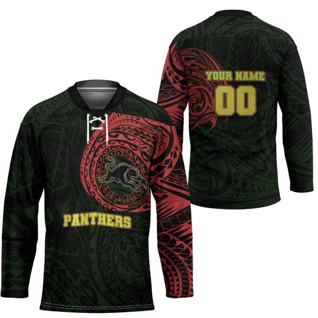 Personalized Penrith Panthers Hockey Jersey Polynesian Tribal Chest and Sleeve Tattoo
