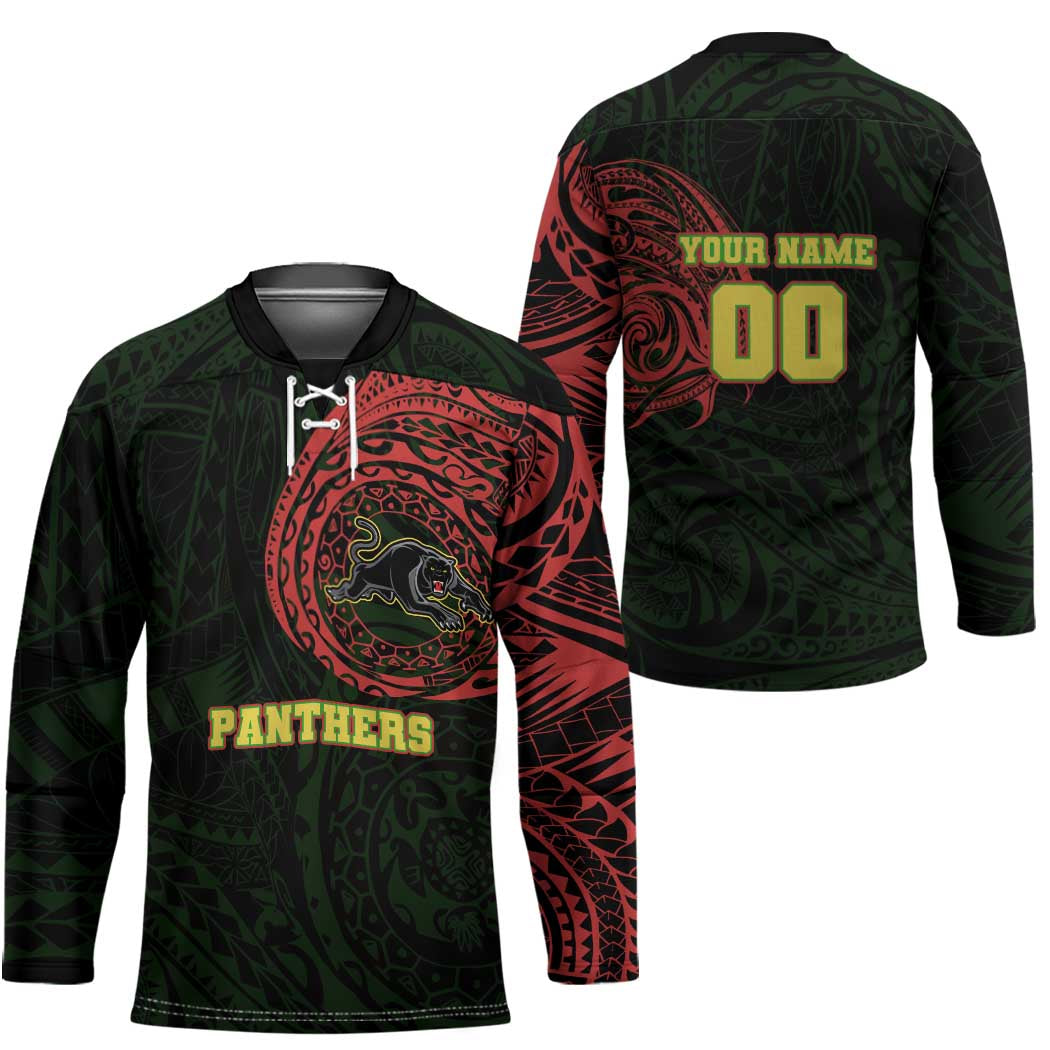 Personalized Penrith Panthers Hockey Jersey Polynesian Tribal Chest and Sleeve Tattoo