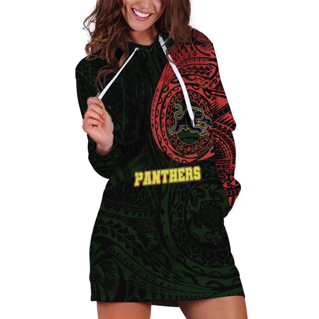 Personalized Penrith Panthers Hoodie Dress Polynesian Tribal Chest and Sleeve Tattoo