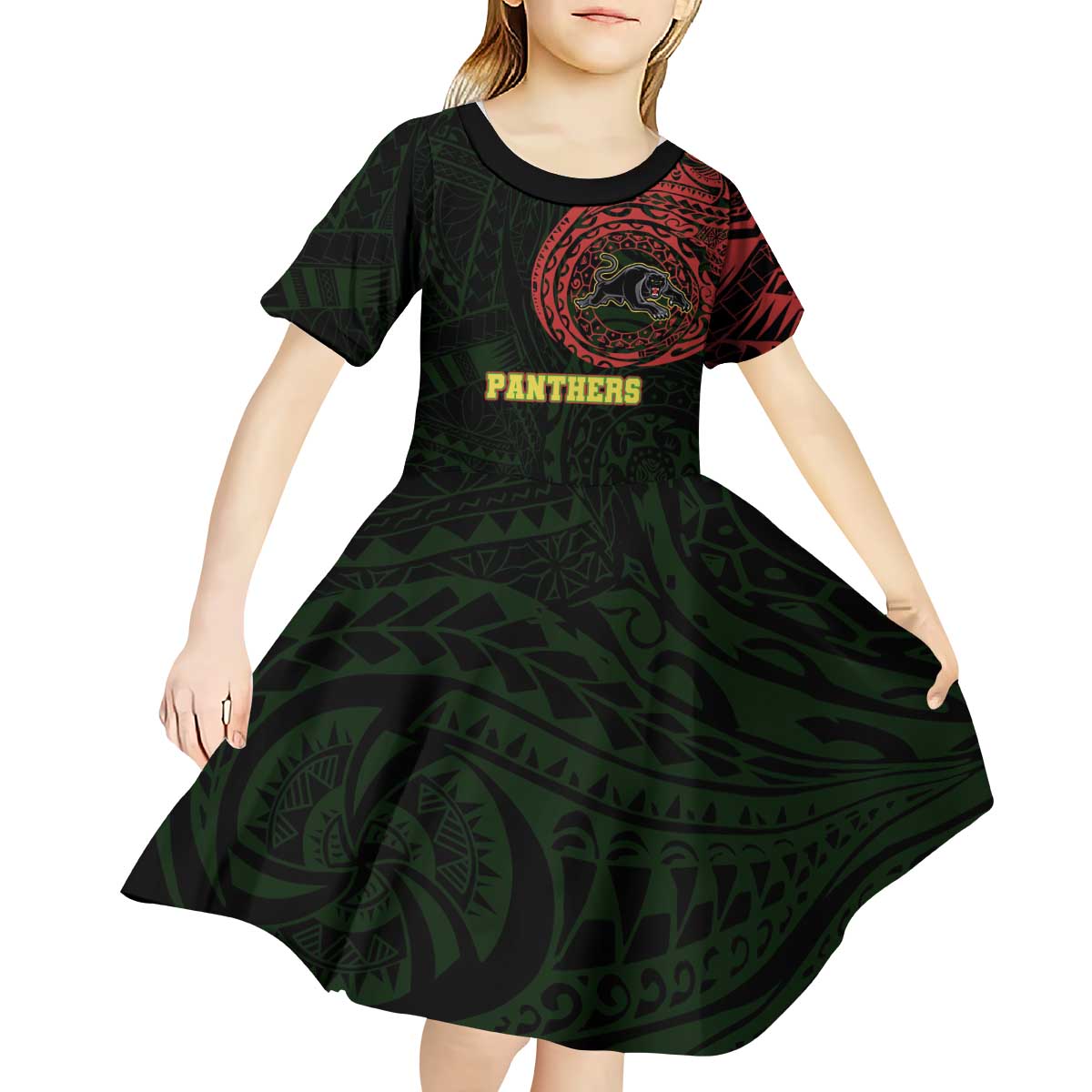 Personalized Penrith Panthers Kid Short Sleeve Dress Polynesian Tribal Chest and Sleeve Tattoo