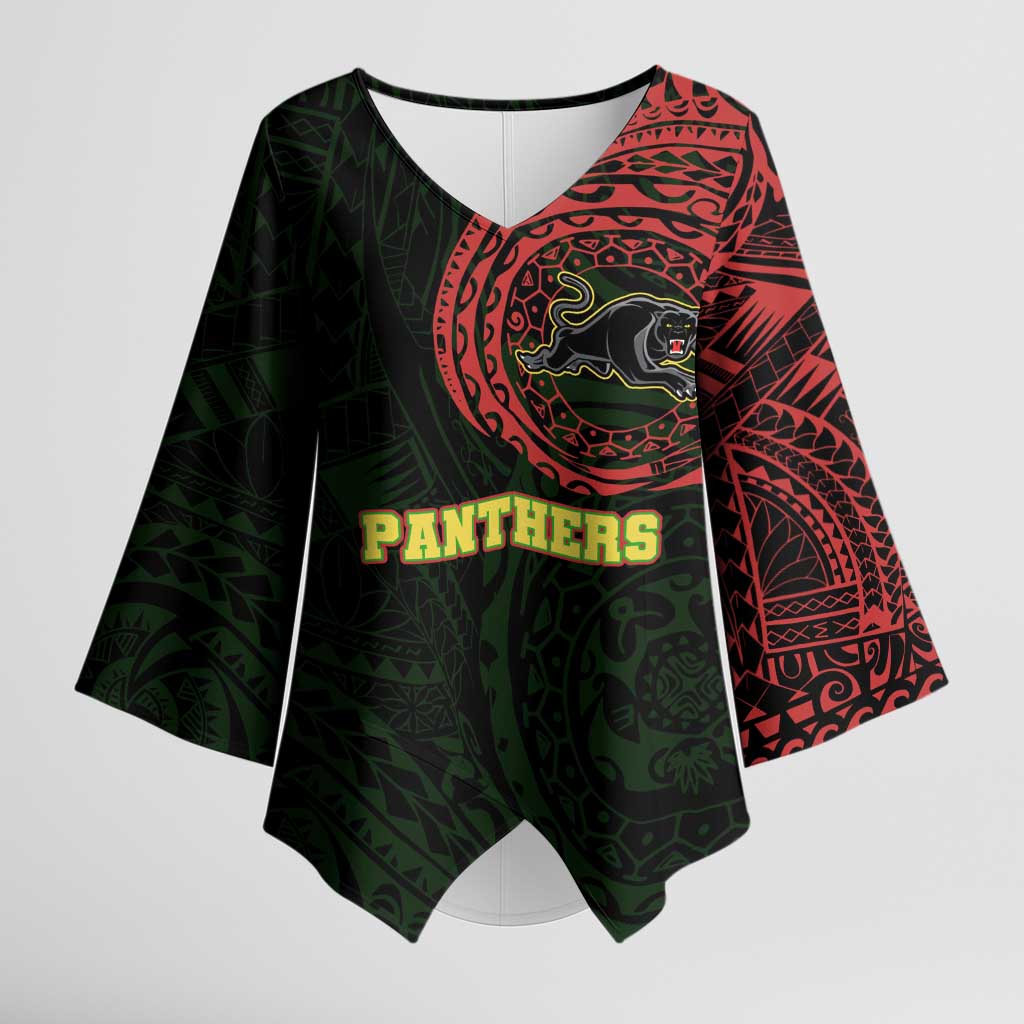 Personalized Penrith Panthers Kimono Sleeve Blouse Polynesian Tribal Chest and Sleeve Tattoo