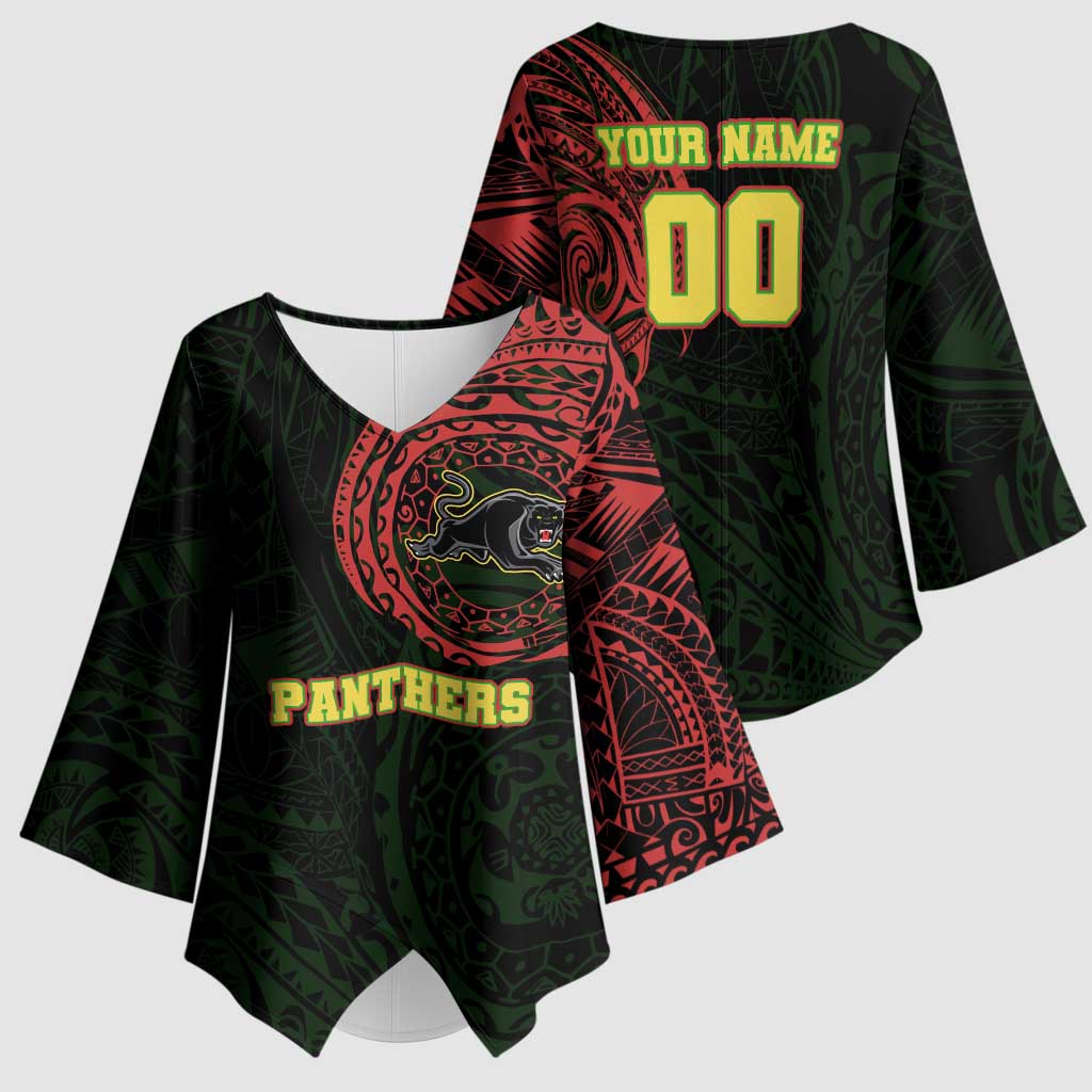 Personalized Penrith Panthers Kimono Sleeve Blouse Polynesian Tribal Chest and Sleeve Tattoo