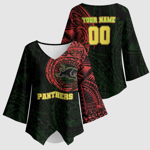 Personalized Penrith Panthers Kimono Sleeve Blouse Polynesian Tribal Chest and Sleeve Tattoo