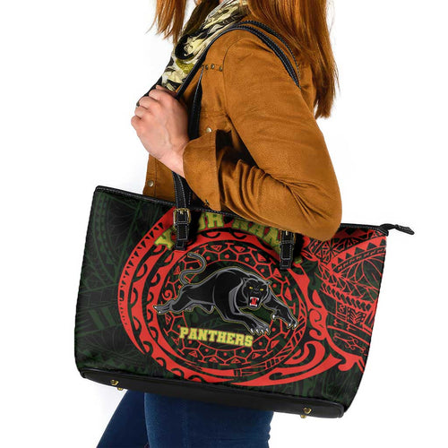 Personalized Penrith Panthers Leather Tote Bag Polynesian Tribal Chest and Sleeve Tattoo