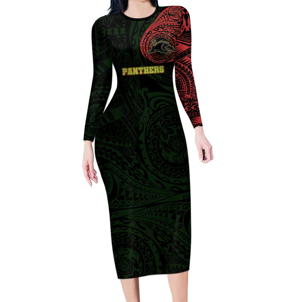Personalized Penrith Panthers Long Sleeve Bodycon Dress Polynesian Tribal Chest and Sleeve Tattoo
