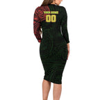 Personalized Penrith Panthers Long Sleeve Bodycon Dress Polynesian Tribal Chest and Sleeve Tattoo