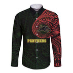 Personalized Penrith Panthers Long Sleeve Button Shirt Polynesian Tribal Chest and Sleeve Tattoo
