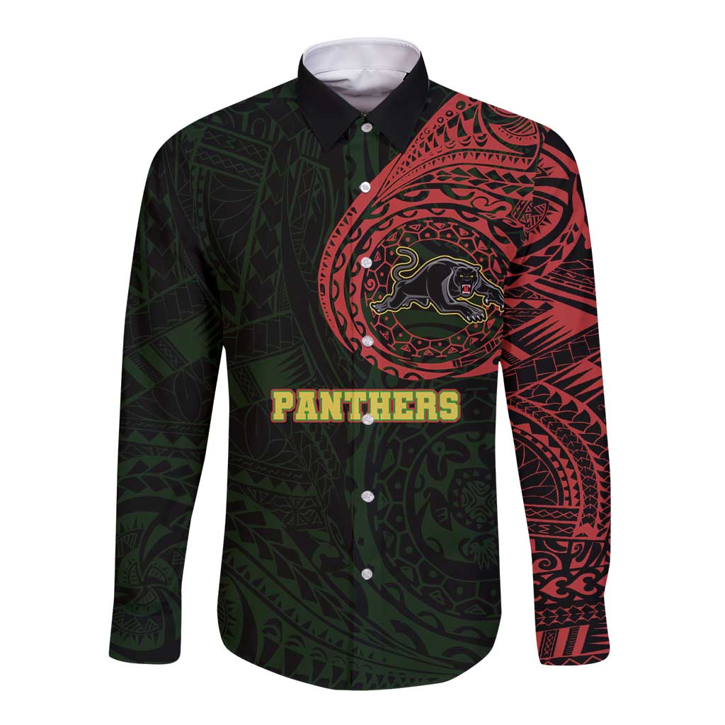 Personalized Penrith Panthers Long Sleeve Button Shirt Polynesian Tribal Chest and Sleeve Tattoo