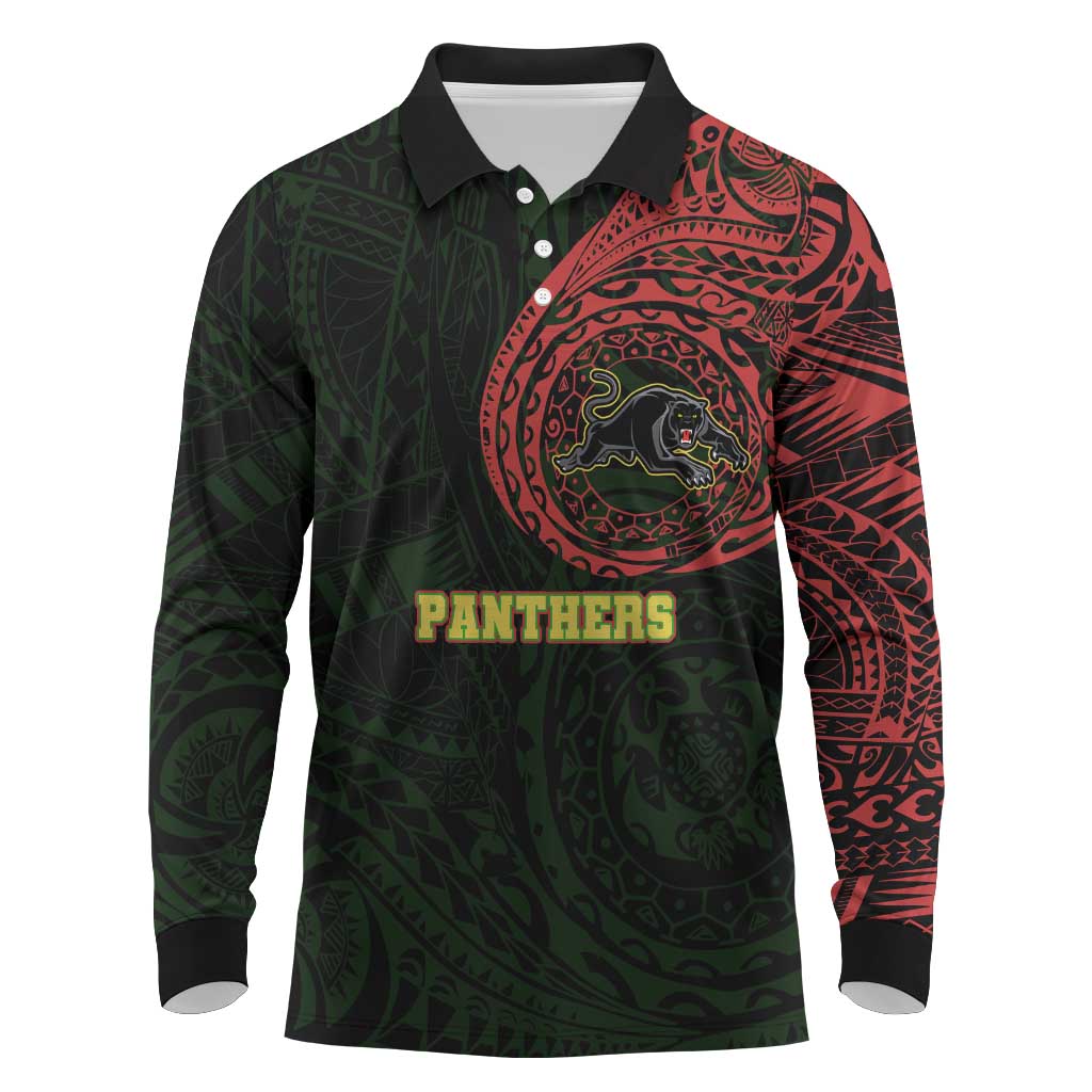 Personalized Penrith Panthers Long Sleeve Polo Shirt Polynesian Tribal Chest and Sleeve Tattoo