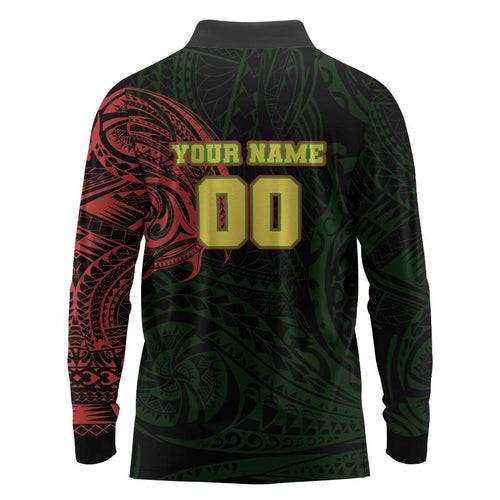 Personalized Penrith Panthers Long Sleeve Polo Shirt Polynesian Tribal Chest and Sleeve Tattoo