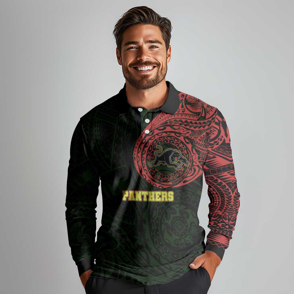 Personalized Penrith Panthers Long Sleeve Polo Shirt Polynesian Tribal Chest and Sleeve Tattoo