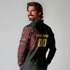 Personalized Penrith Panthers Long Sleeve Polo Shirt Polynesian Tribal Chest and Sleeve Tattoo