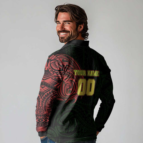 Personalized Penrith Panthers Long Sleeve Polo Shirt Polynesian Tribal Chest and Sleeve Tattoo