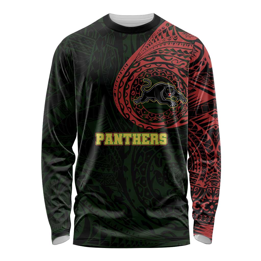 Personalized Penrith Panthers Long Sleeve Shirt Polynesian Tribal Chest and Sleeve Tattoo
