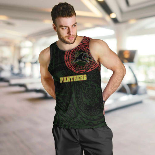 Personalized Penrith Panthers Men Tank Top Polynesian Tribal Chest and Sleeve Tattoo