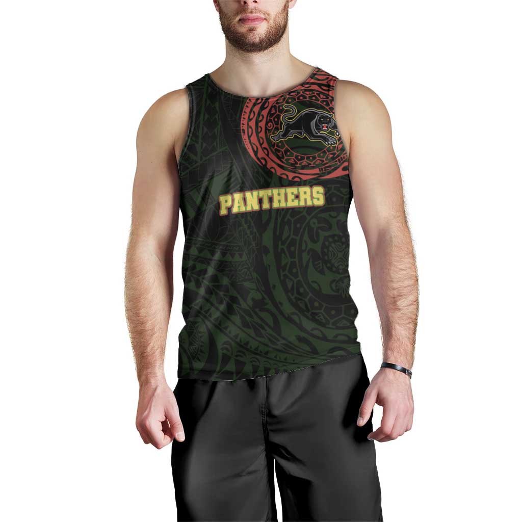 Personalized Penrith Panthers Men Tank Top Polynesian Tribal Chest and Sleeve Tattoo
