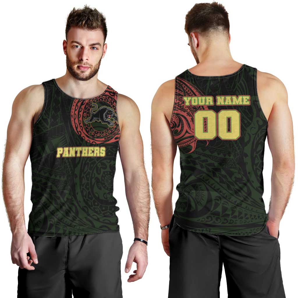 Personalized Penrith Panthers Men Tank Top Polynesian Tribal Chest and Sleeve Tattoo