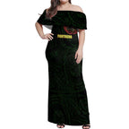 Personalized Penrith Panthers Off Shoulder Maxi Dress Polynesian Tribal Chest and Sleeve Tattoo