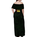 Personalized Penrith Panthers Off Shoulder Maxi Dress Polynesian Tribal Chest and Sleeve Tattoo