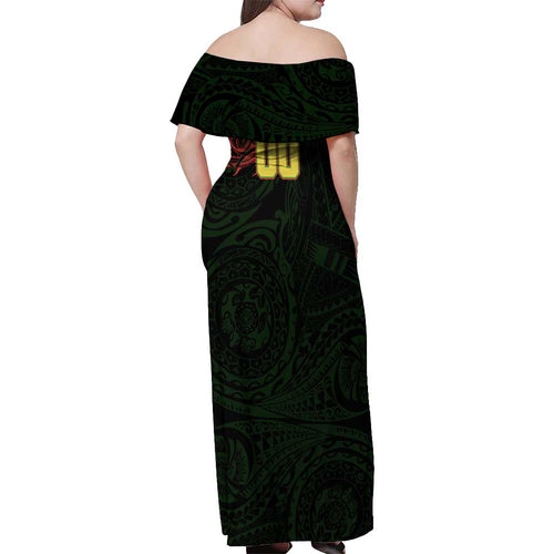 Personalized Penrith Panthers Off Shoulder Maxi Dress Polynesian Tribal Chest and Sleeve Tattoo