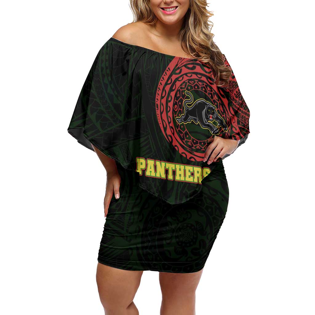 Personalized Penrith Panthers Off Shoulder Short Dress Polynesian Tribal Chest and Sleeve Tattoo