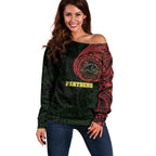 Personalized Penrith Panthers Off Shoulder Sweater Polynesian Tribal Chest and Sleeve Tattoo