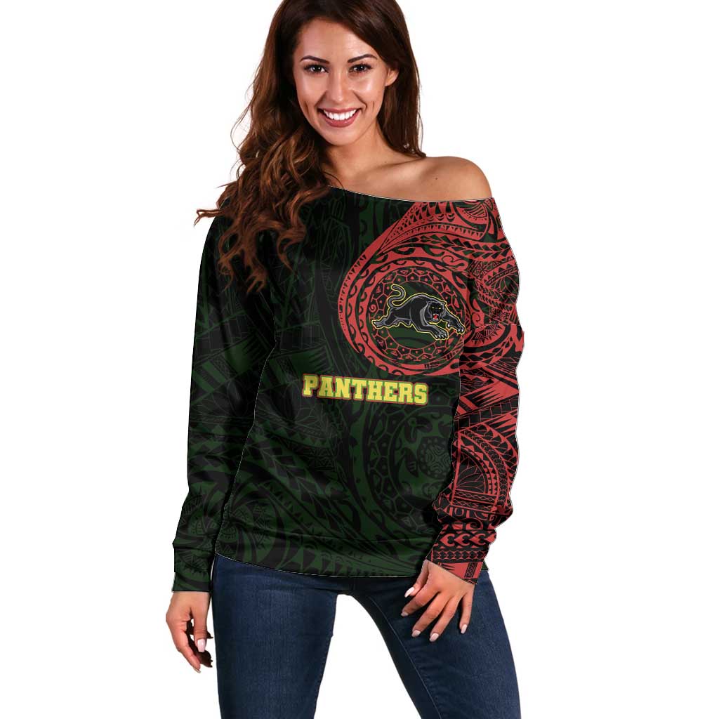 Personalized Penrith Panthers Off Shoulder Sweater Polynesian Tribal Chest and Sleeve Tattoo