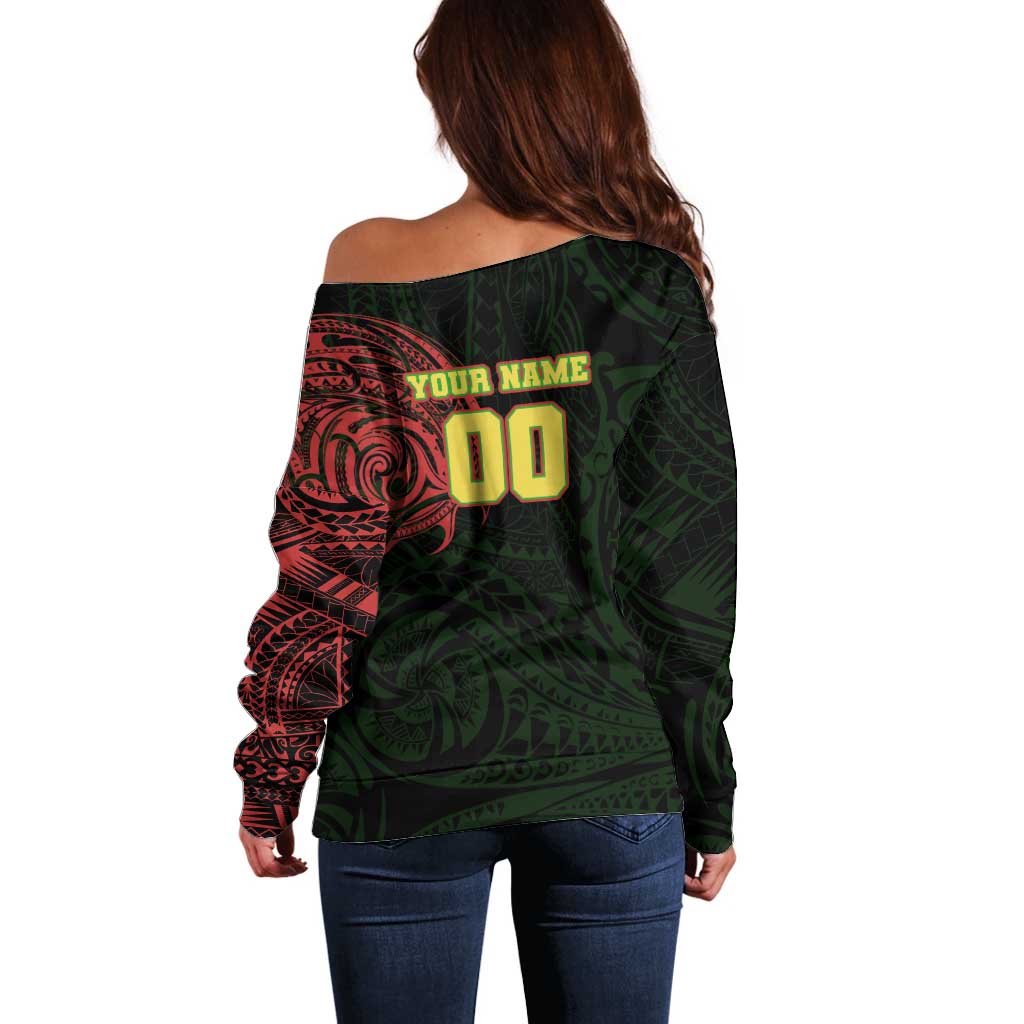 Personalized Penrith Panthers Off Shoulder Sweater Polynesian Tribal Chest and Sleeve Tattoo