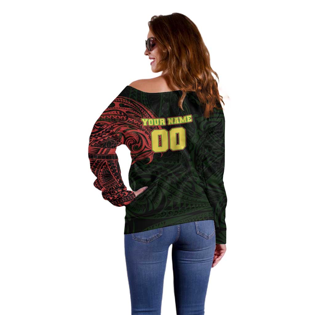 Personalized Penrith Panthers Off Shoulder Sweater Polynesian Tribal Chest and Sleeve Tattoo