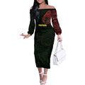 Personalized Penrith Panthers Off The Shoulder Long Sleeve Dress Polynesian Tribal Chest and Sleeve Tattoo