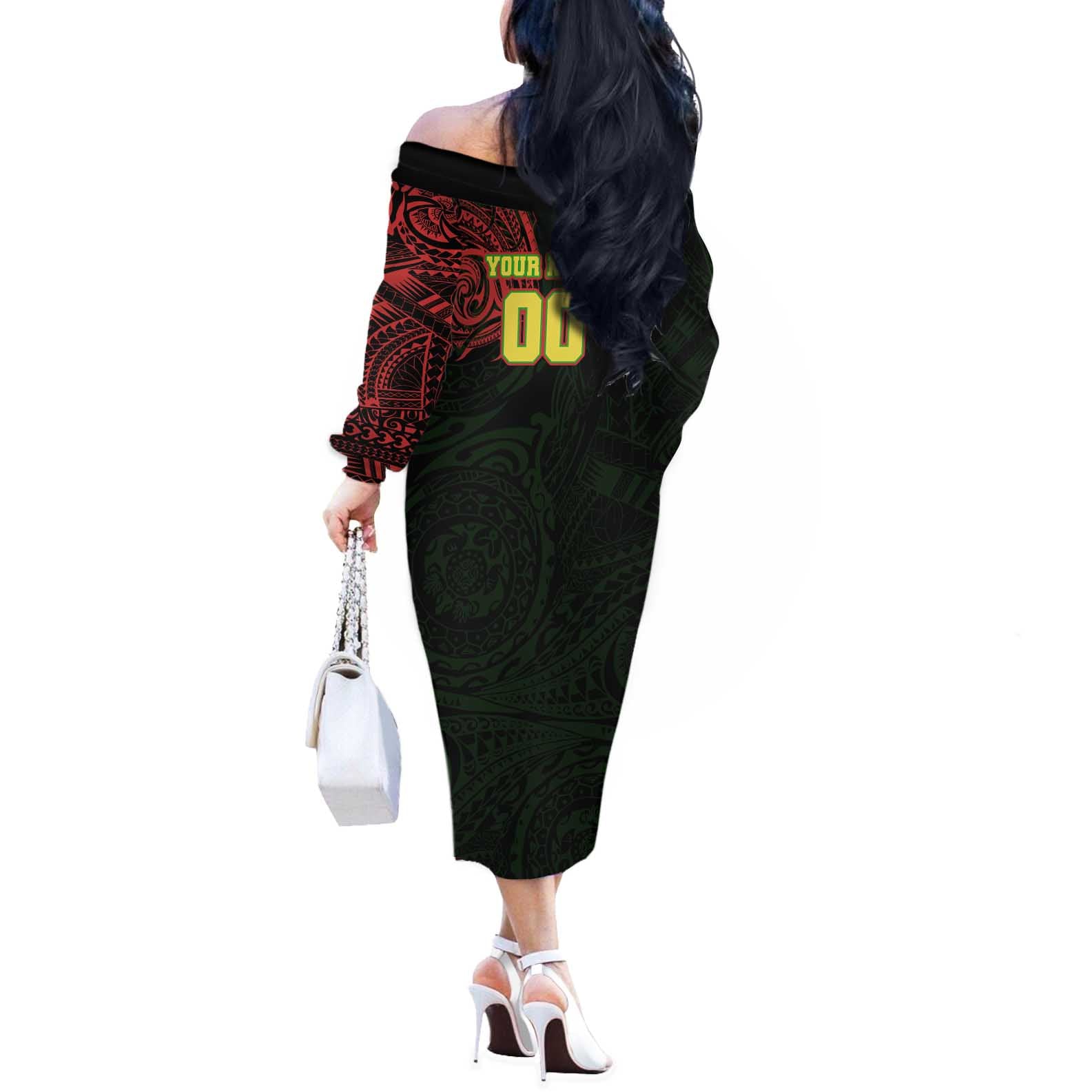 Personalized Penrith Panthers Off The Shoulder Long Sleeve Dress Polynesian Tribal Chest and Sleeve Tattoo