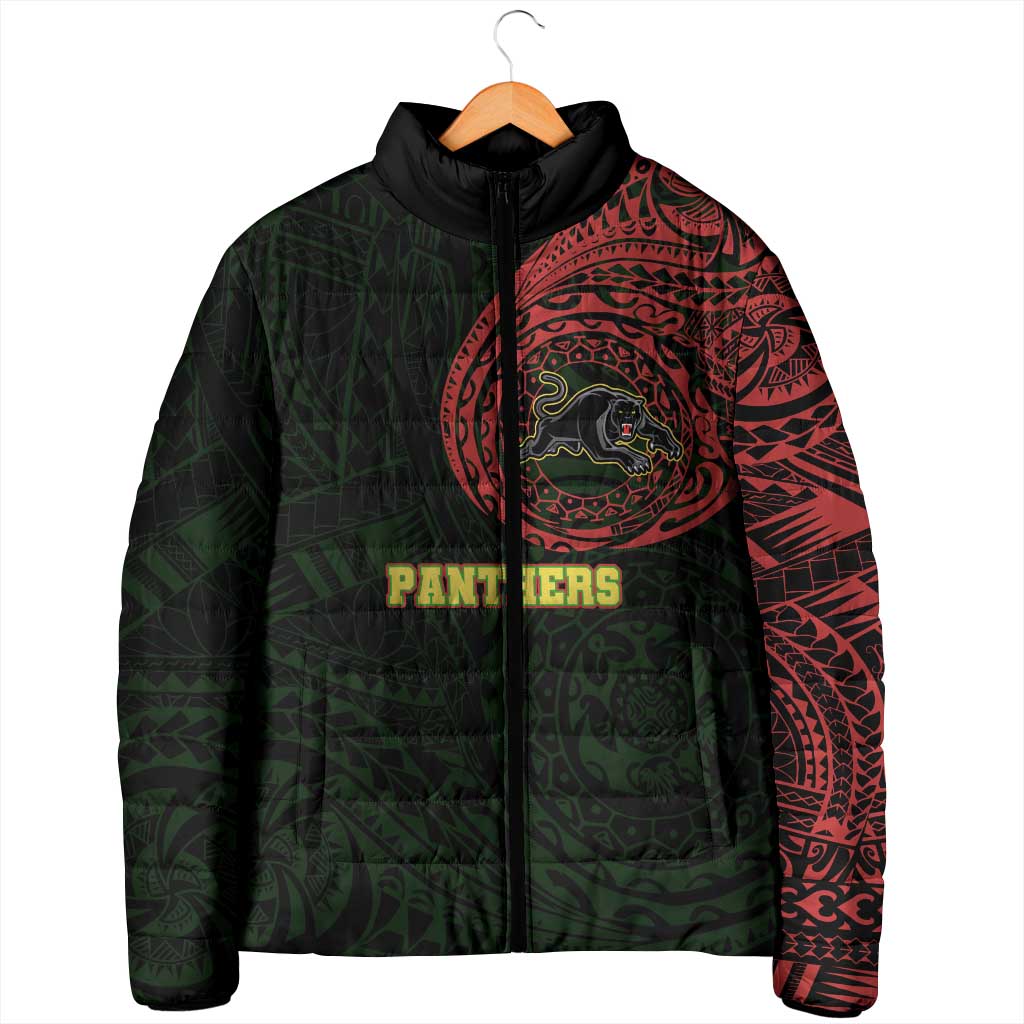 Personalized Penrith Panthers Padded Jacket Polynesian Tribal Chest and Sleeve Tattoo