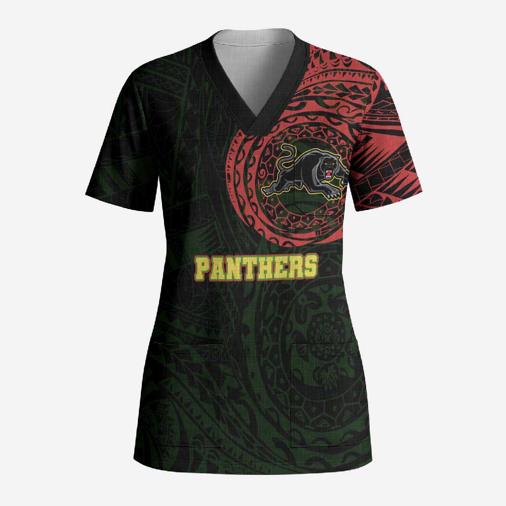 Personalized Penrith Panthers Scrub Top Polynesian Tribal Chest and Sleeve Tattoo