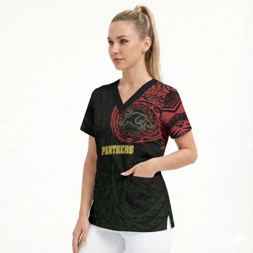 Personalized Penrith Panthers Scrub Top Polynesian Tribal Chest and Sleeve Tattoo