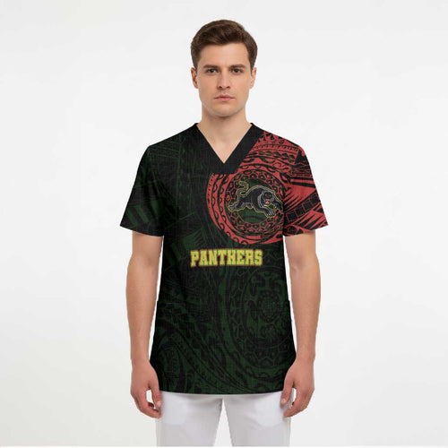 Personalized Penrith Panthers Scrub Top Polynesian Tribal Chest and Sleeve Tattoo